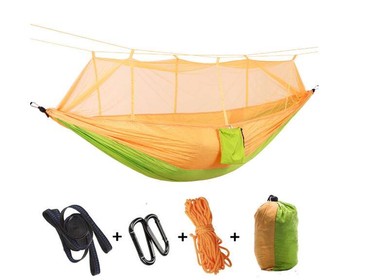 Outdoor parachute double hammock with mosquito net in orange-green with straps carabiners rope on Tampa Home & Garden Store