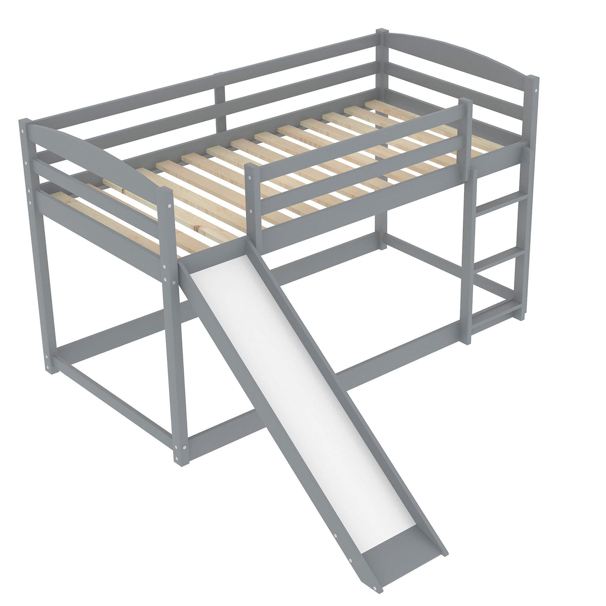 Durable bunk bed with convertible slide and ladder in gray frame, wooden slat supports on Tampa Home & Garden Store