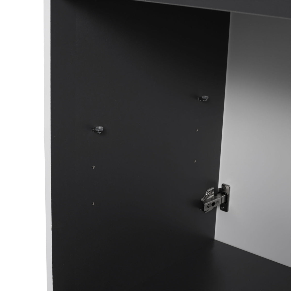 Freestanding bath vanity interior panel in black with visible metal hinge hardware on Tampa Home & Garden Store