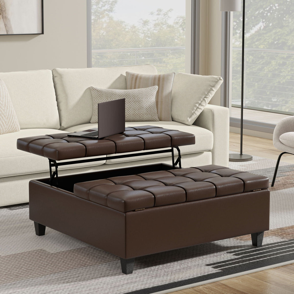 Harrison Tufted Lift-Top Storage Ottoman in dark brown leather with metal legs on Tampa Home & Garden Store