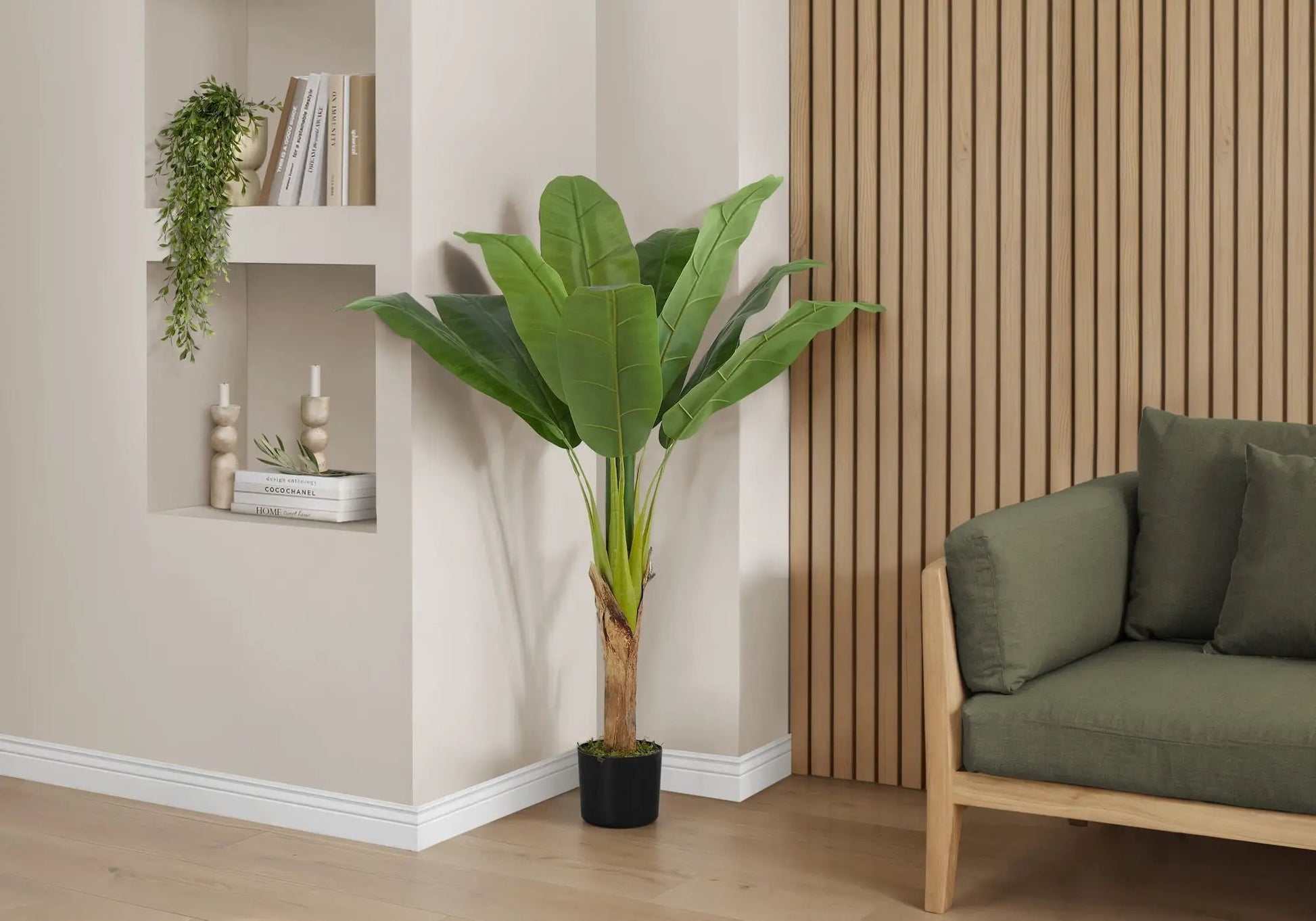 Artificial banana tree plant, 43 in tall, black pot, lush green leaves for indoor decor on Tampa Home & Garden Store
