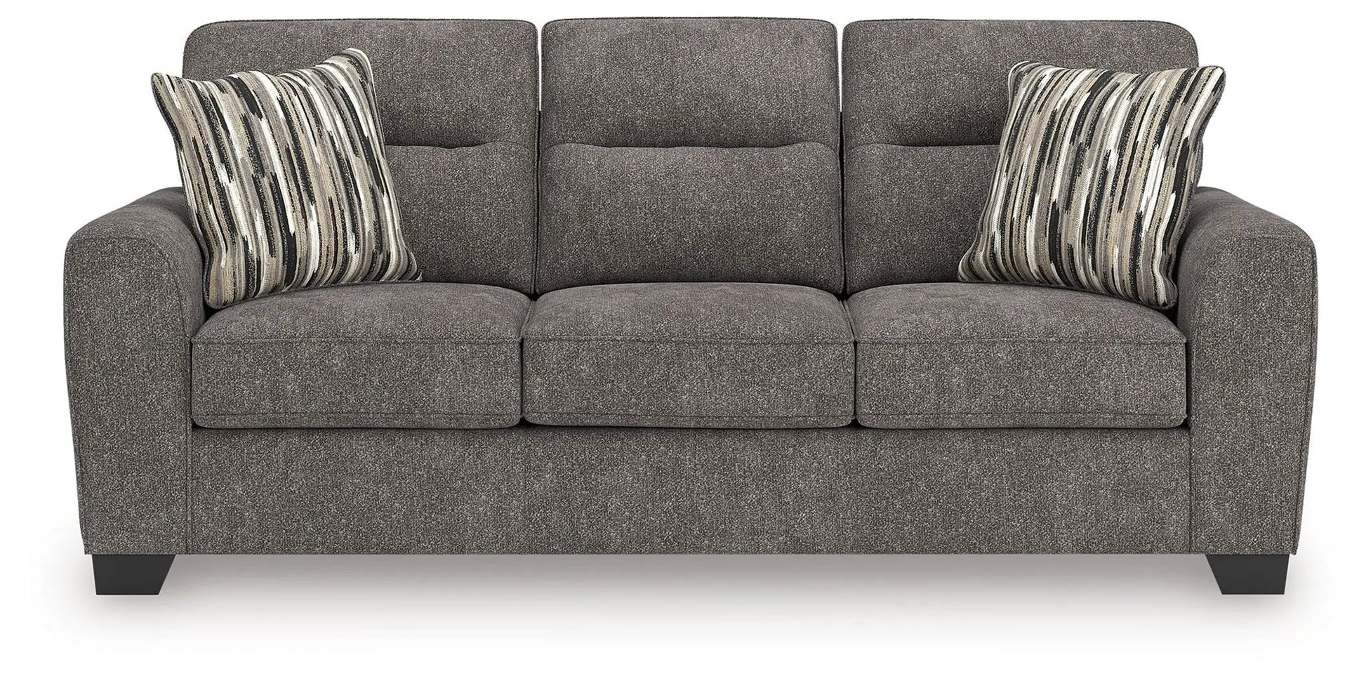 Olten sofa in gray textured fabric, three-seat with two striped decorative pillows on Tampa Home & Garden Store