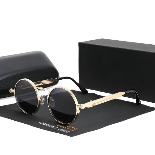 Steam Punk Polarized Sunglasses by BikerZoneZ, gold metal frame, round black lenses on Tampa Home & Garden Store