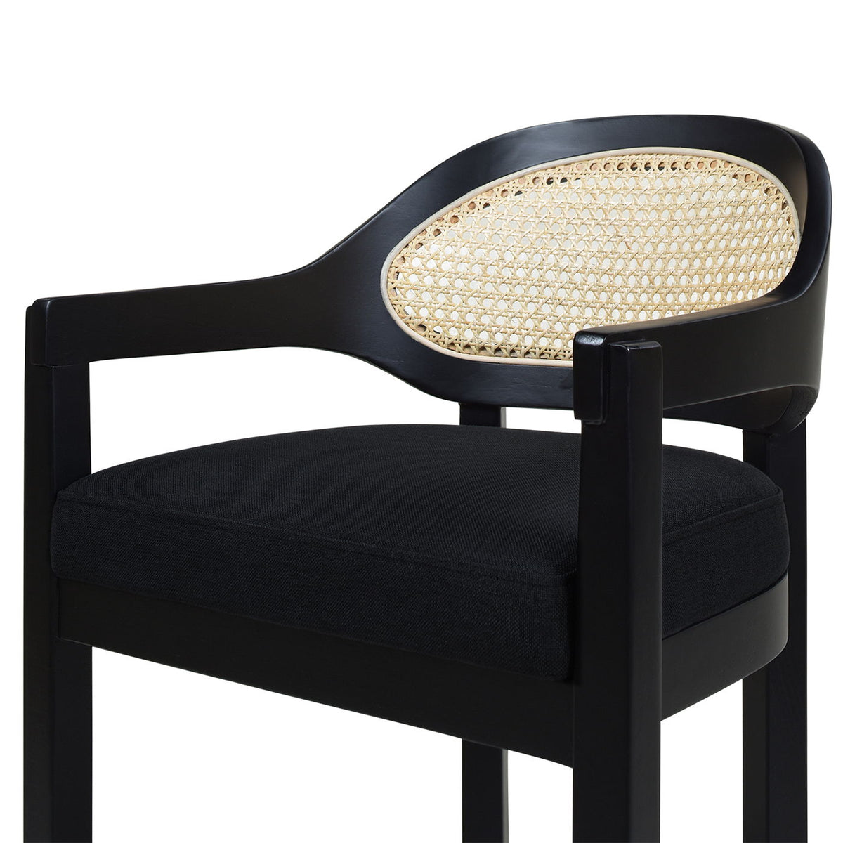 Mid-Century Modern cane-back counter stool with barrel back and black upholstered seat on Tampa Home & Garden Store