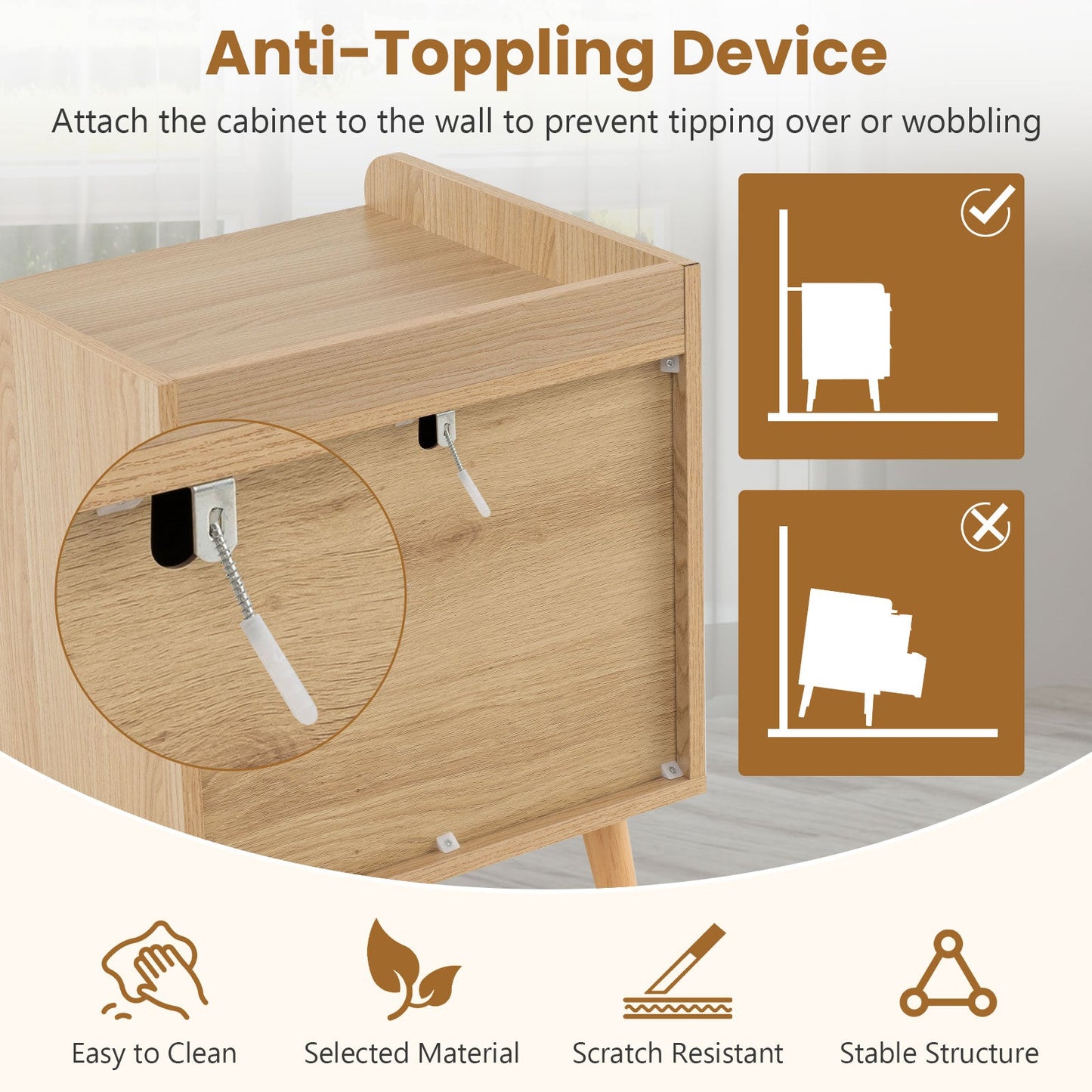Modern End Table Bedside Table with 2 Rattan Decorated Drawers