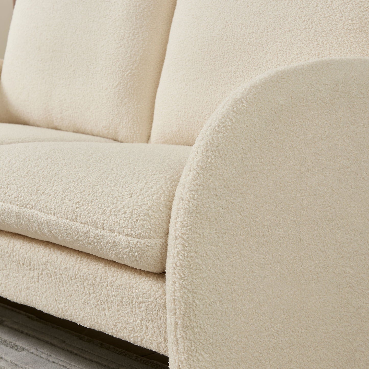 Loveseat sofa beige sherpa fabric plush upholstery close-up on Tampa Home & Garden Store