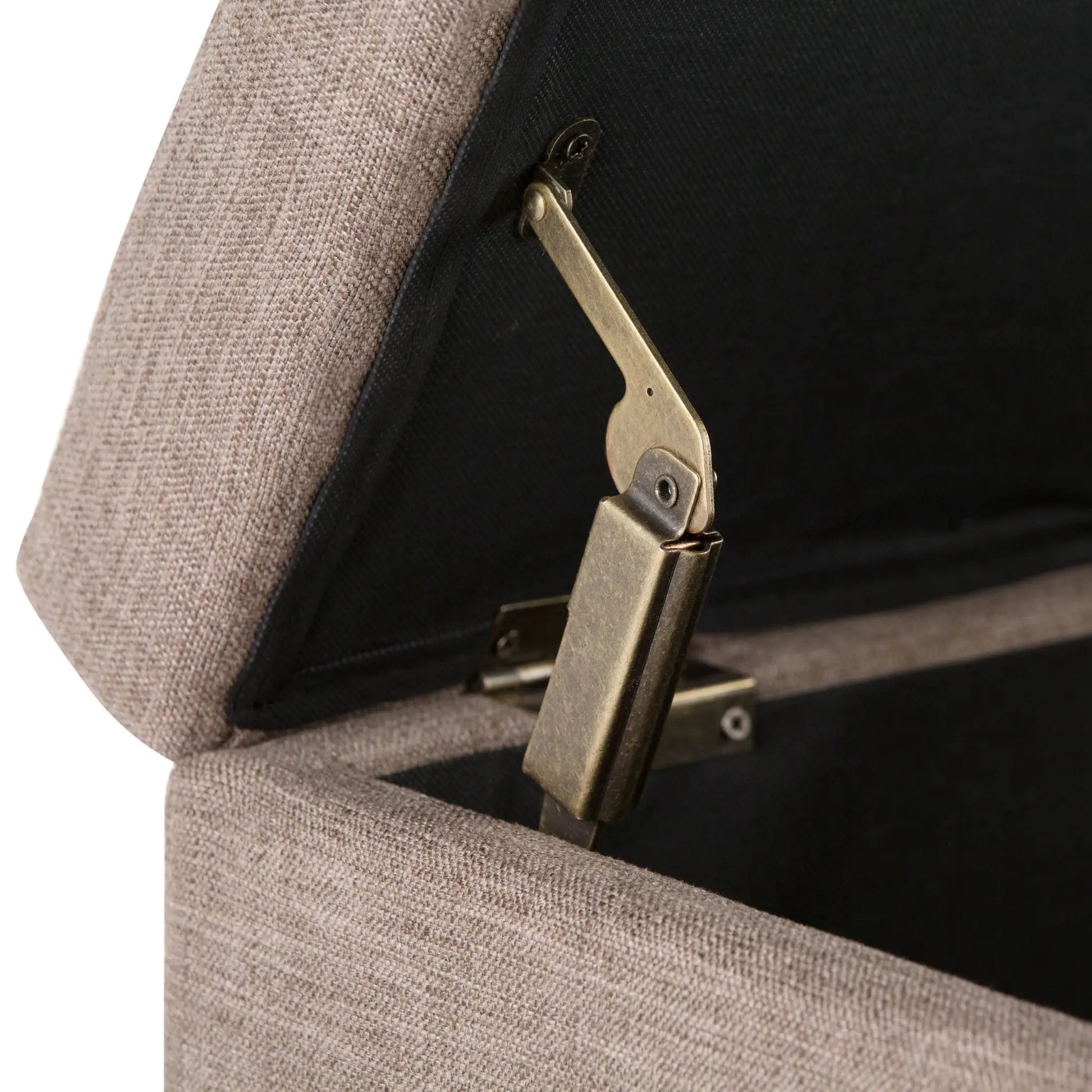 Avalon Multifunctional Storage Ottoman Bench close-up of tan textured fabric and brass hardware on Tampa Home & Garden Store