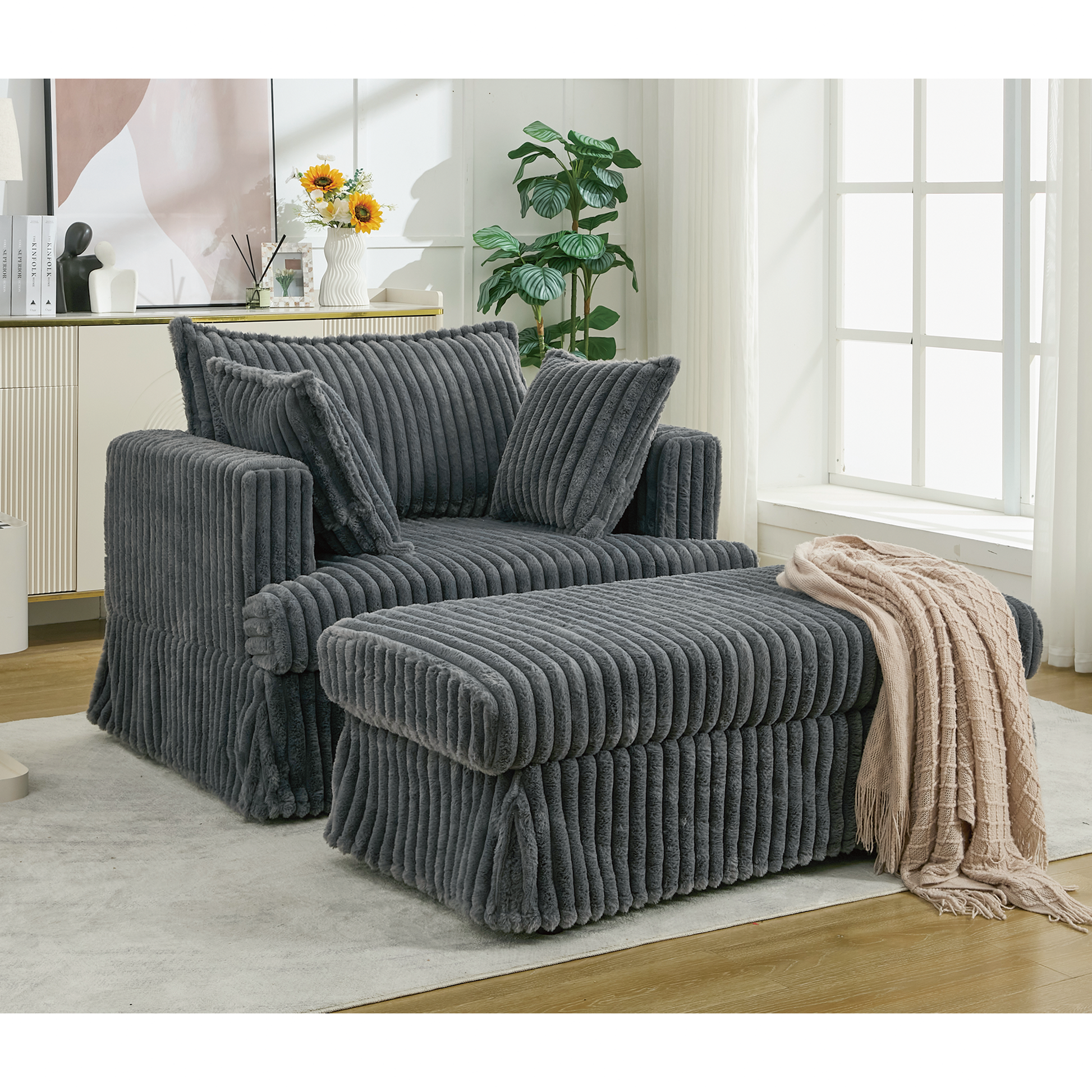 Oversized Corduroy Chaise Lounge with Ottoman in Dark Gray, HouseOfZazla two-piece set on Tampa Home & Garden Store