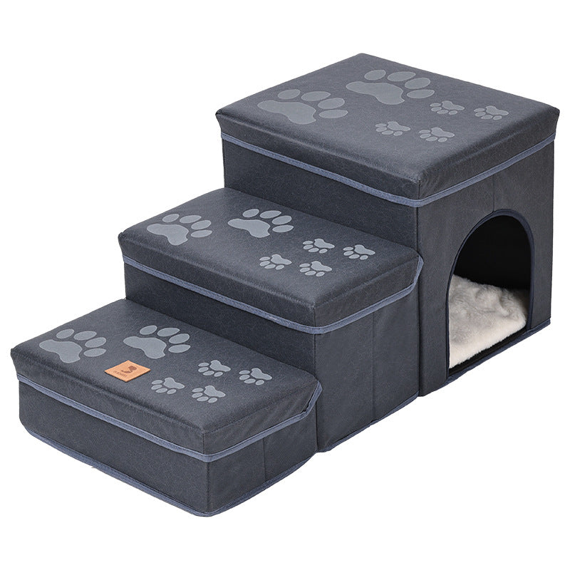 Dog stairs with kennel and cozy bed in gray paw-print fabric by Sell My Stuff on Tampa Home & Garden Store