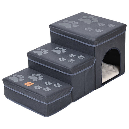 Dog stairs with kennel and cozy bed in gray paw-print fabric by Sell My Stuff on Tampa Home & Garden Store