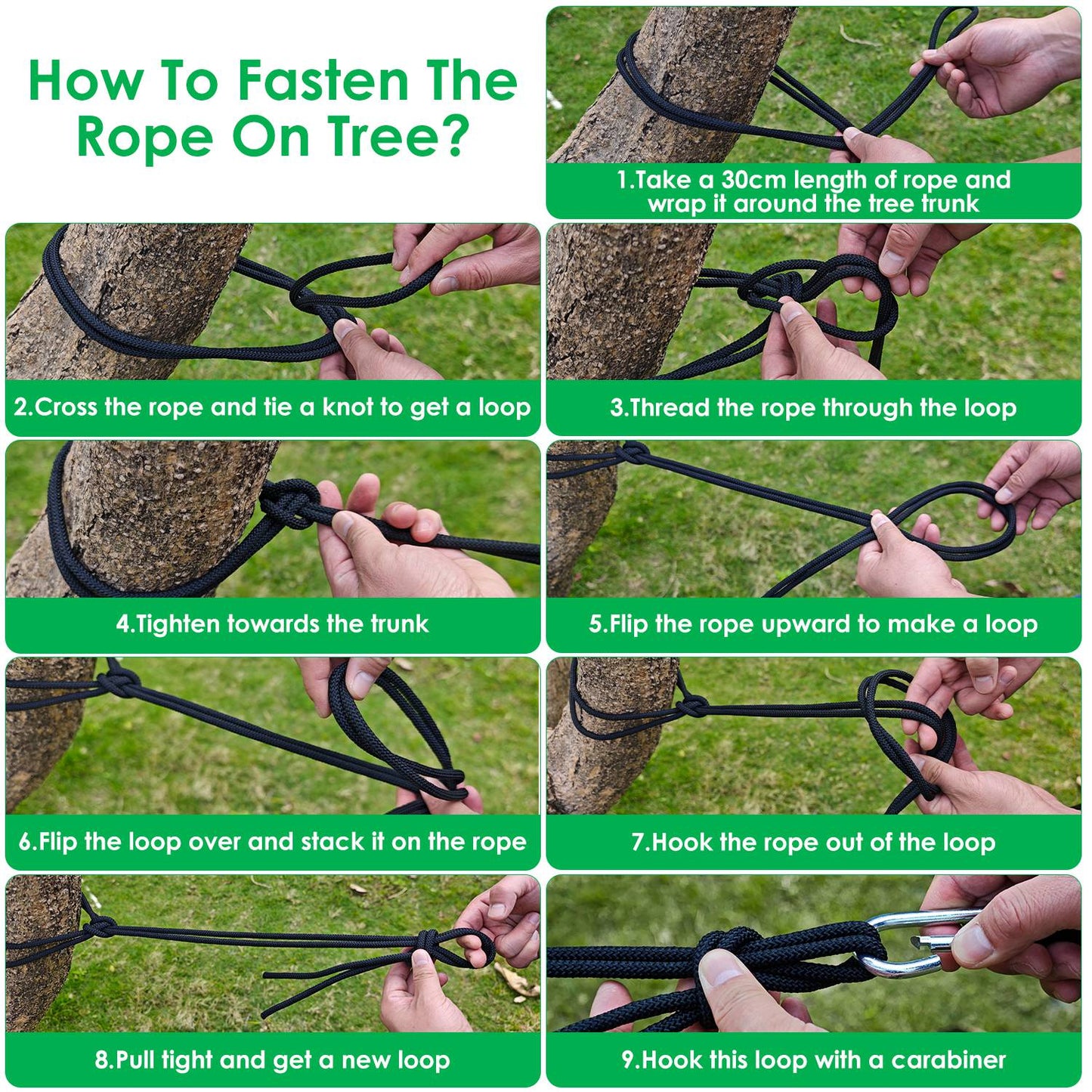 GemGear camping hammock 3-in-1 with mosquito net in a 9-step rope-tying tree-hang tutorial collage on Tampa Home & Garden Store
