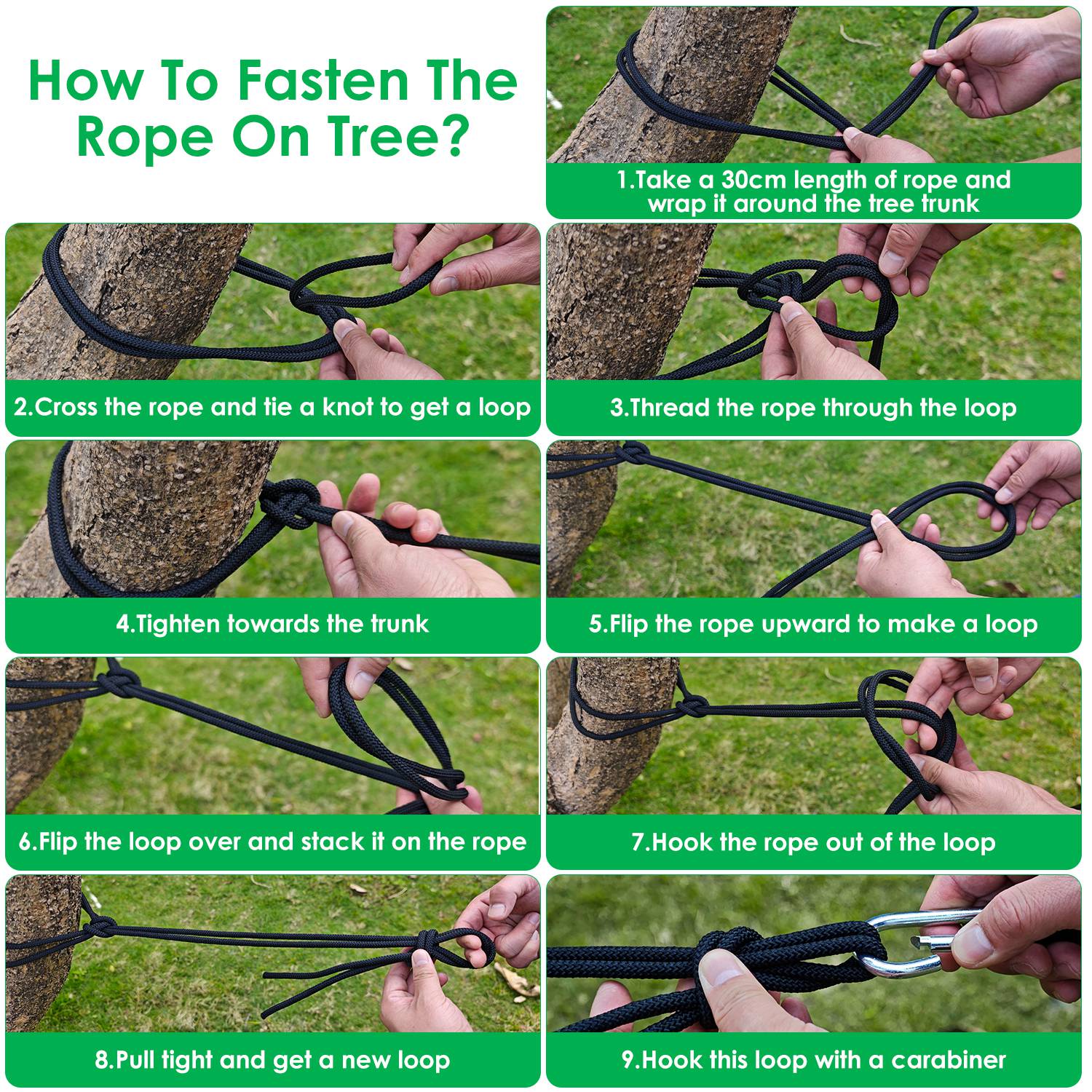 GemGear camping hammock 3-in-1 with mosquito net in a 9-step rope-tying tree-hang tutorial collage on Tampa Home & Garden Store