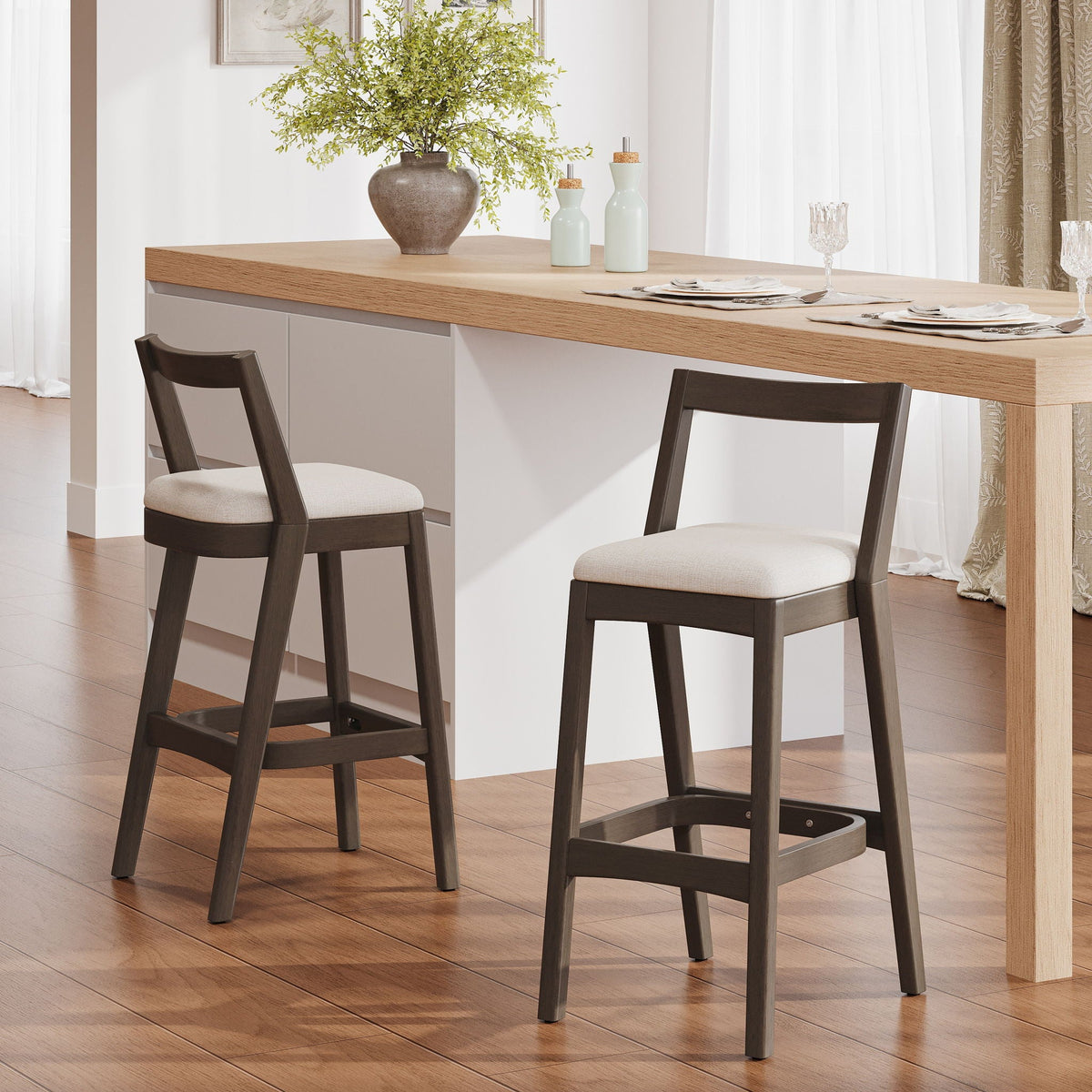 Jasper Indoor Barstools set of 2 with dark brown rubberwood frame and beige cushioned seats on Tampa Home & Garden Store