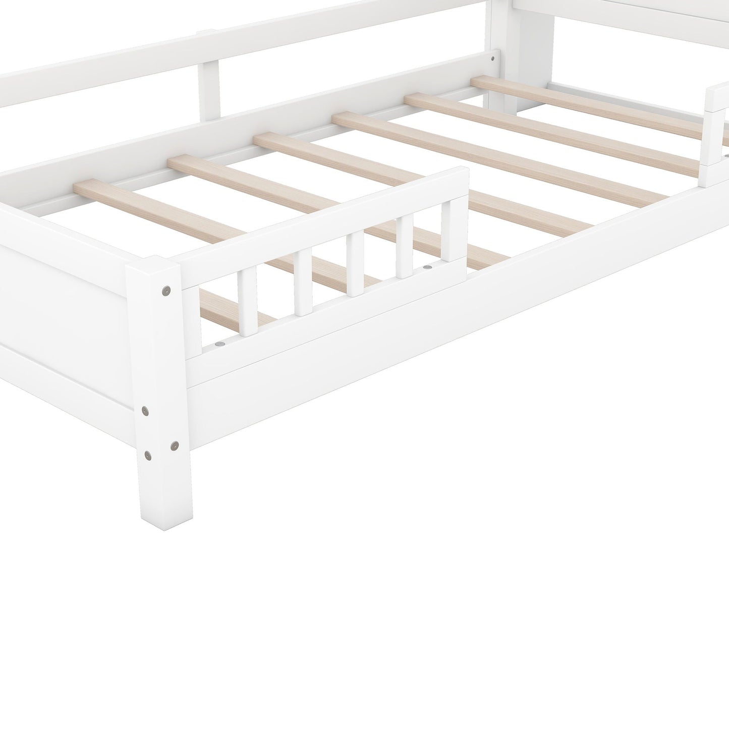 White wood platform bed frame with natural wood slats and side guard rail on Tampa Home & Garden Store