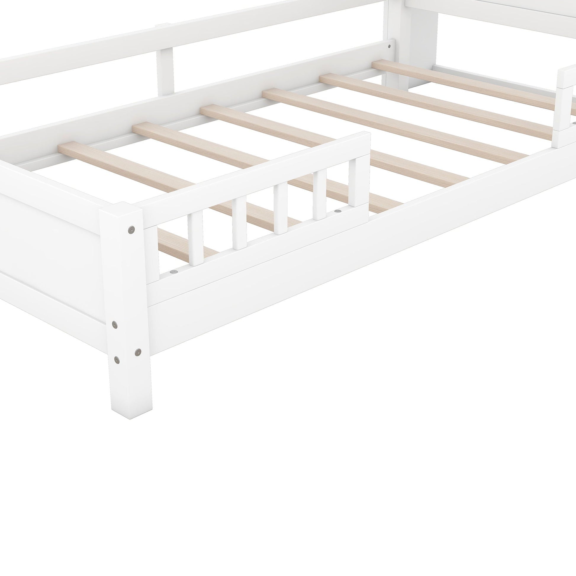 White wood platform bed frame with natural wood slats and side guard rail on Tampa Home & Garden Store