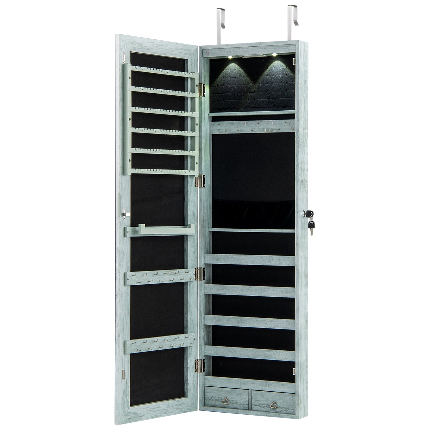 Wall and Door Mounted Mirrored Jewelry Cabinet with Lights-Black