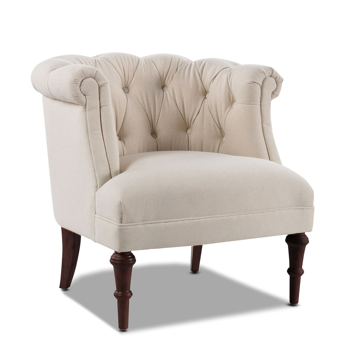 Tufted Accent Chair with Barrel Back - Yellow by HouseOfZazla; cream upholstery, button-tufted back, dark wood legs on Tampa Home & Garden Store