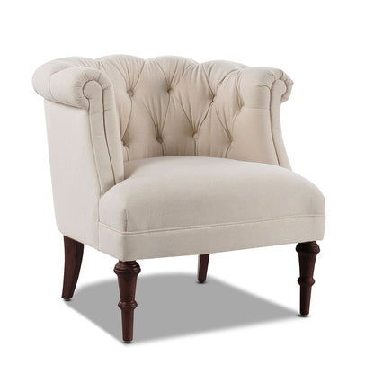 Tufted Accent Chair with Barrel Back - Yellow by HouseOfZazla; cream upholstery, button-tufted back, dark wood legs on Tampa Home & Garden Store