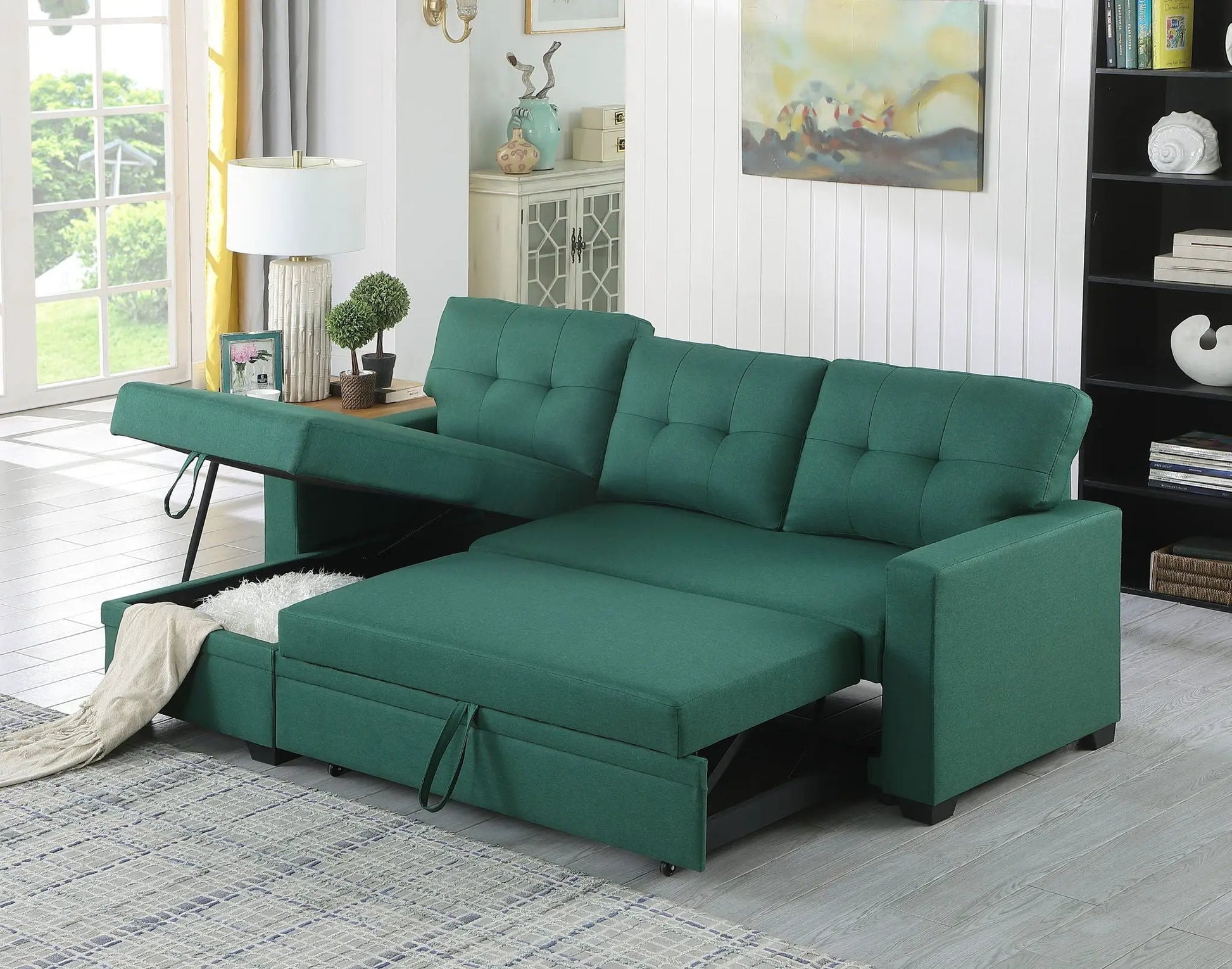 Upholstered sleeper sectional with chaise in emerald green fabric by Unique Piece Furniture on Tampa Home & Garden Store