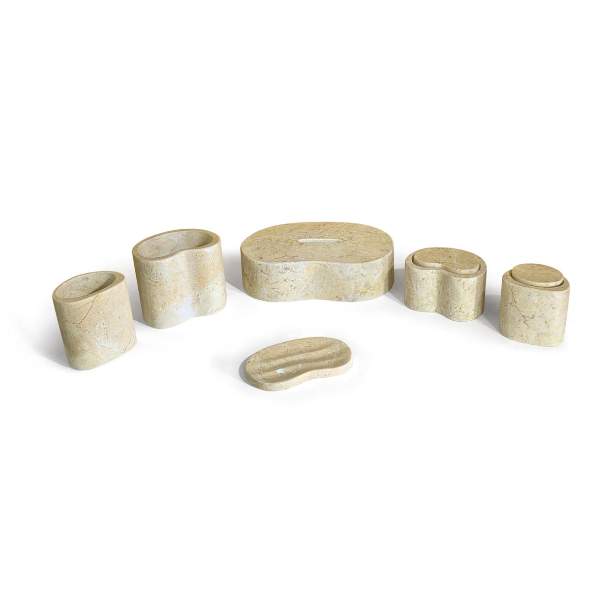 Elegant natural marble bathroom accessories set beige tones; cylindrical pieces by HouseOfZazla on Tampa Home & Garden Store