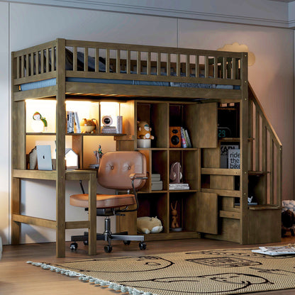 Loft bed with built-in L-shaped desk in brown wood finish, with under-bed storage shelves on Tampa Home & Garden Store