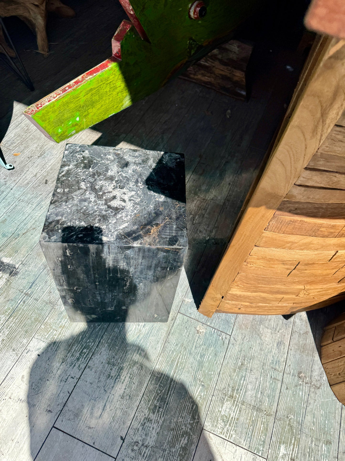Organic Stone Stool, black marble finish, square cube form on Tampa Home & Garden Store