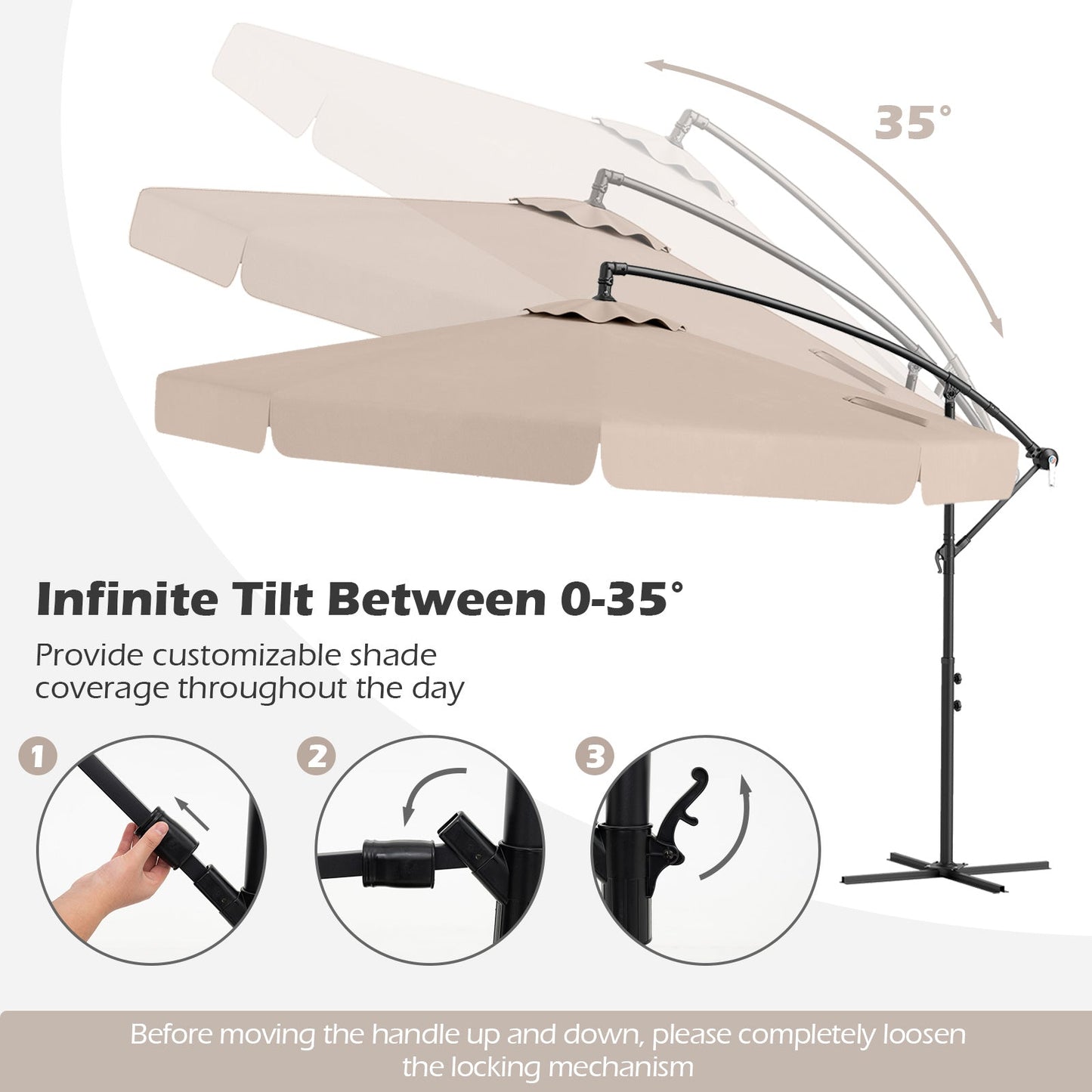 Parasol de patio tipo voladizo de 3 metros con funda, ajuste de inclinación y borde ondulado - Beige