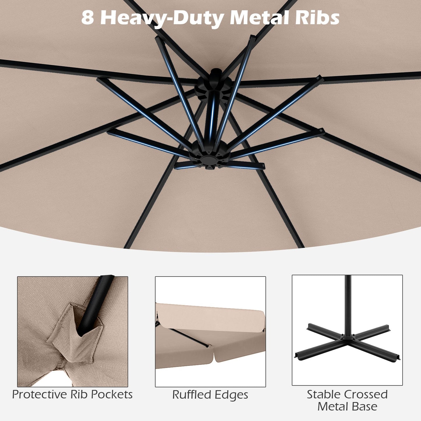 Parasol de patio tipo voladizo de 3 metros con funda, ajuste de inclinación y borde ondulado - Beige