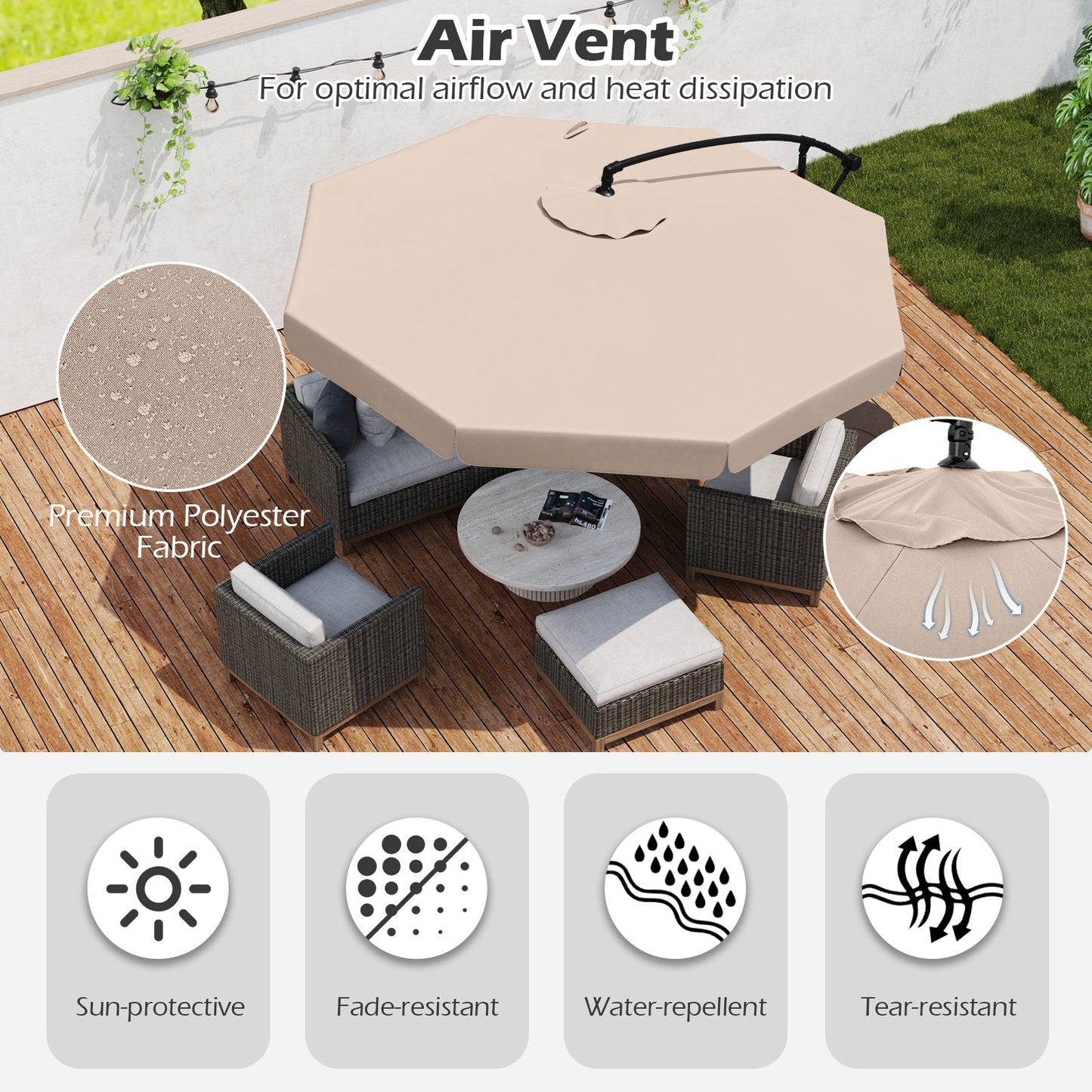 Parasol de patio tipo voladizo de 3 metros con funda, ajuste de inclinación y borde ondulado - Beige