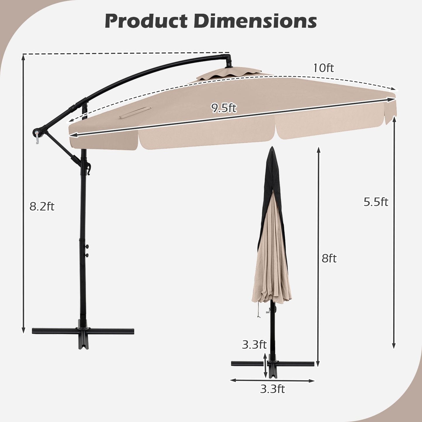 Parasol de patio tipo voladizo de 3 metros con funda, ajuste de inclinación y borde ondulado - Beige