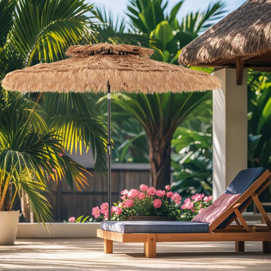 10 ft tiki patio umbrella DirectDeals with a two-tier vented thatched canopy on Tampa Home & Garden Store
