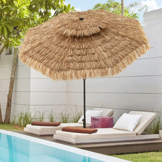 Patio umbrella 10 ft tiki with 2-tier vented thatch canopy over poolside lounge chairs DirectDeals on Tampa Home & Garden Store