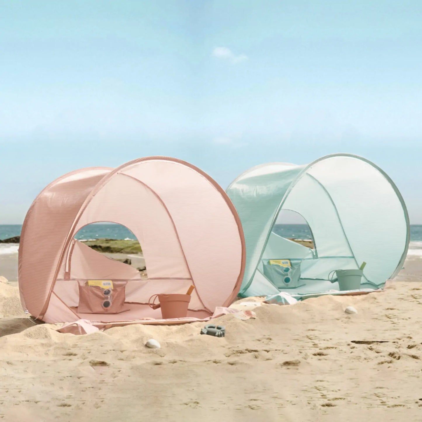 Tiny Land One-Stop Beach Toy & Tent Set pastel pink aqua pop-up beach tents (2) with toys on Tampa Home & Garden Store