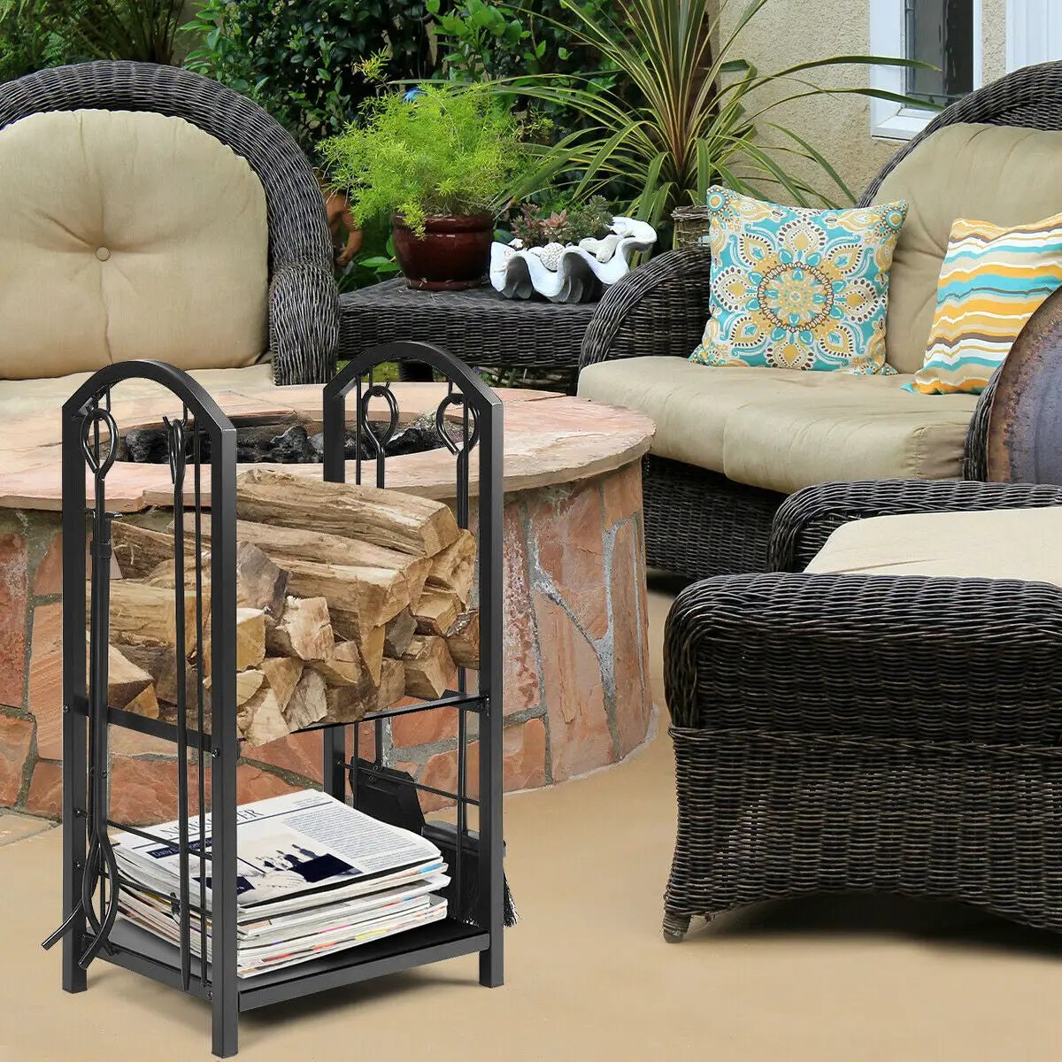 Fireplace Log Rack With Tools Set For Fireside