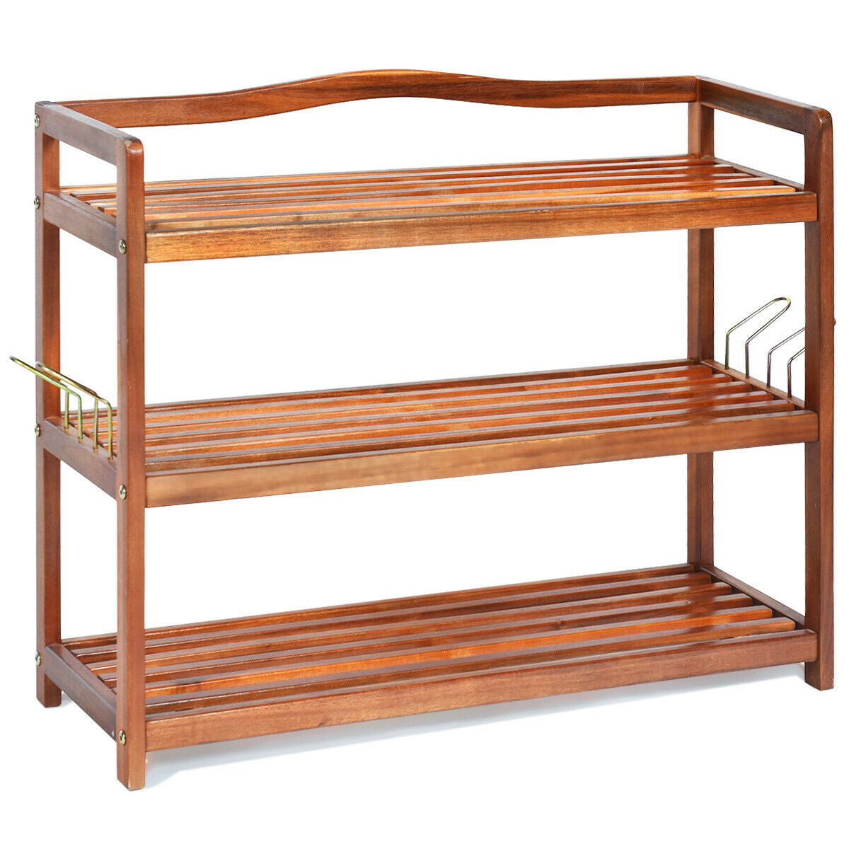 DirectDeals 2-Tier Acacia Wood Shoe Rack with 4 Side Metal Hooks slatted shelves on Tampa Home & Garden Store