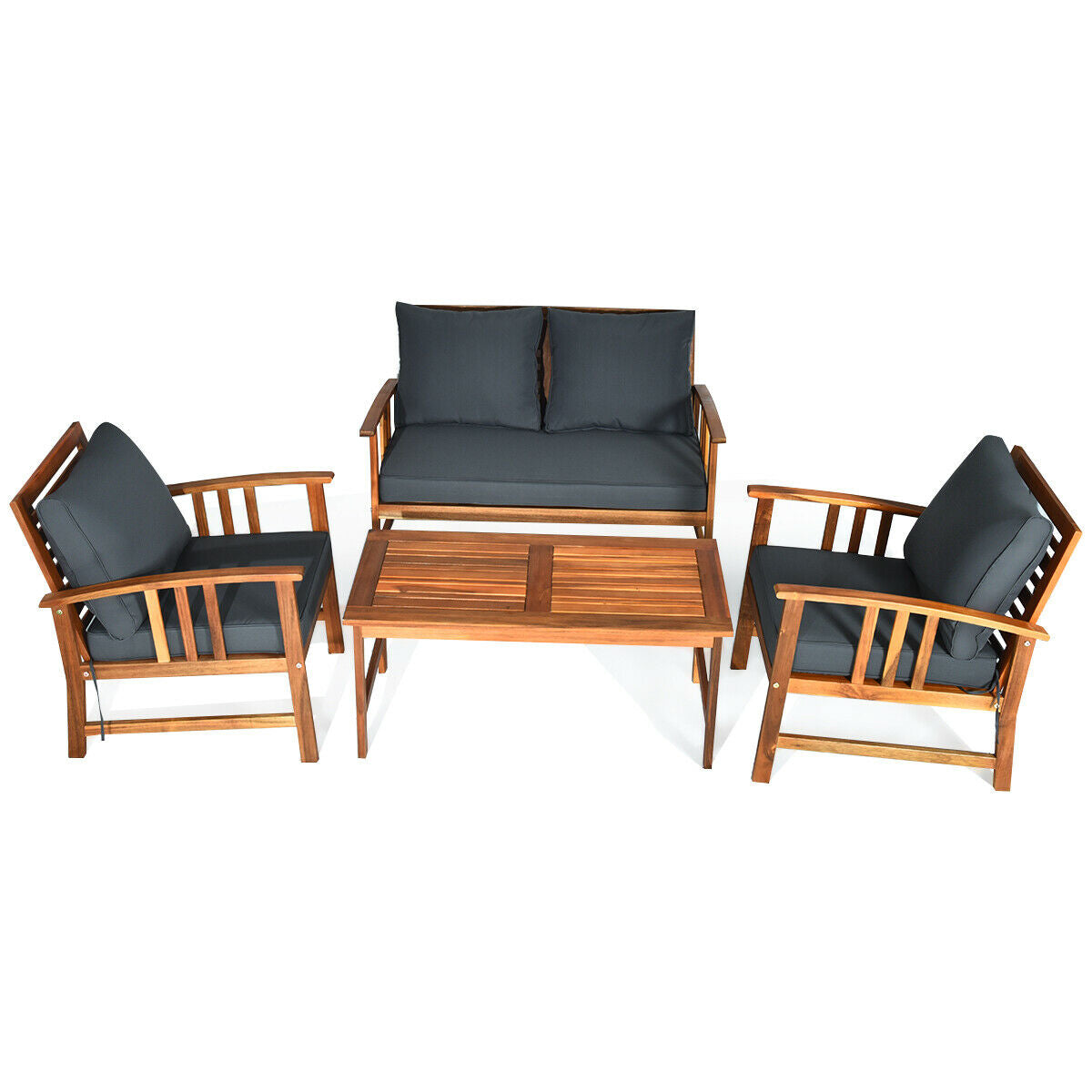 Juego de Muebles de Patio de Madera de 4 Piezas con Mesa, Sofá, Silla y Cojines para Jardín