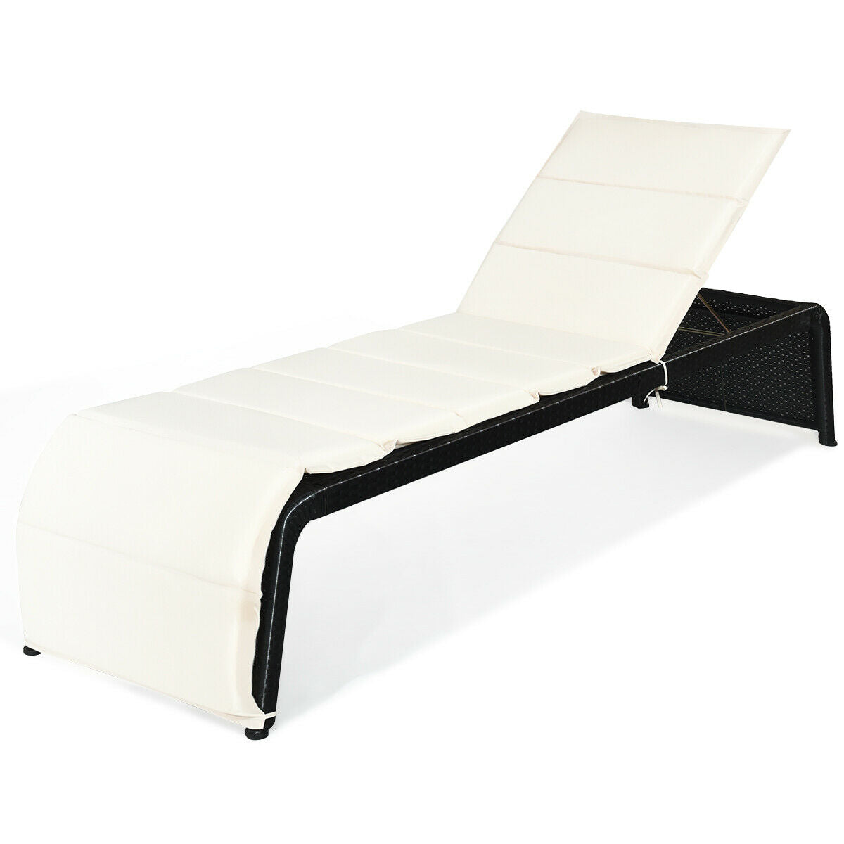 Tumbona reclinable de ratán para patio, con respaldo ajustable y cojín - Blanco