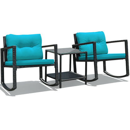3 Pcs Wicker Rocking Bistro Set with Glass Coffee Table and Storage Shelf-Beige