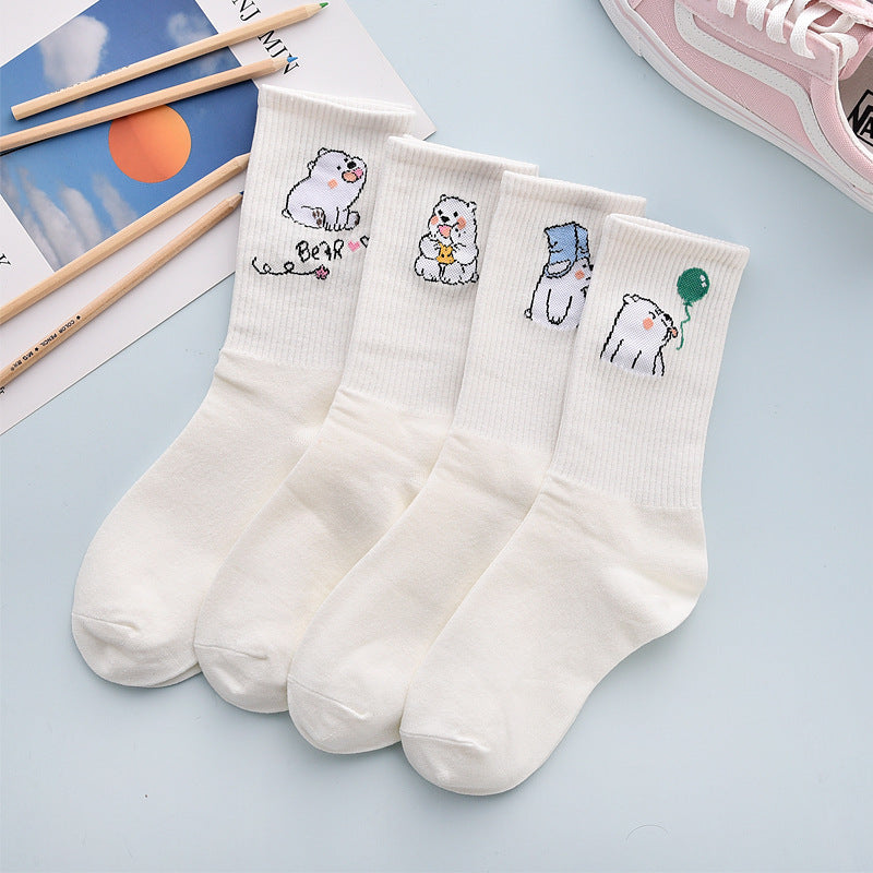 4-pair white cotton crew socks with cute bear cartoon cuffs on Tampa Home & Garden Store
