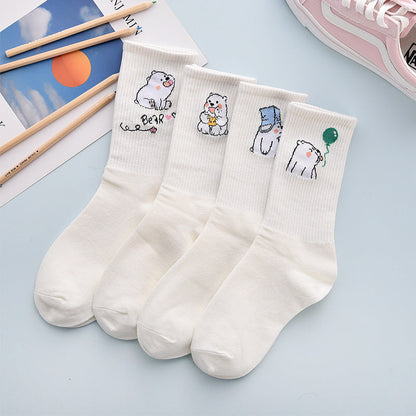 4-pair white cotton crew socks with cute bear cartoon cuffs on Tampa Home & Garden Store