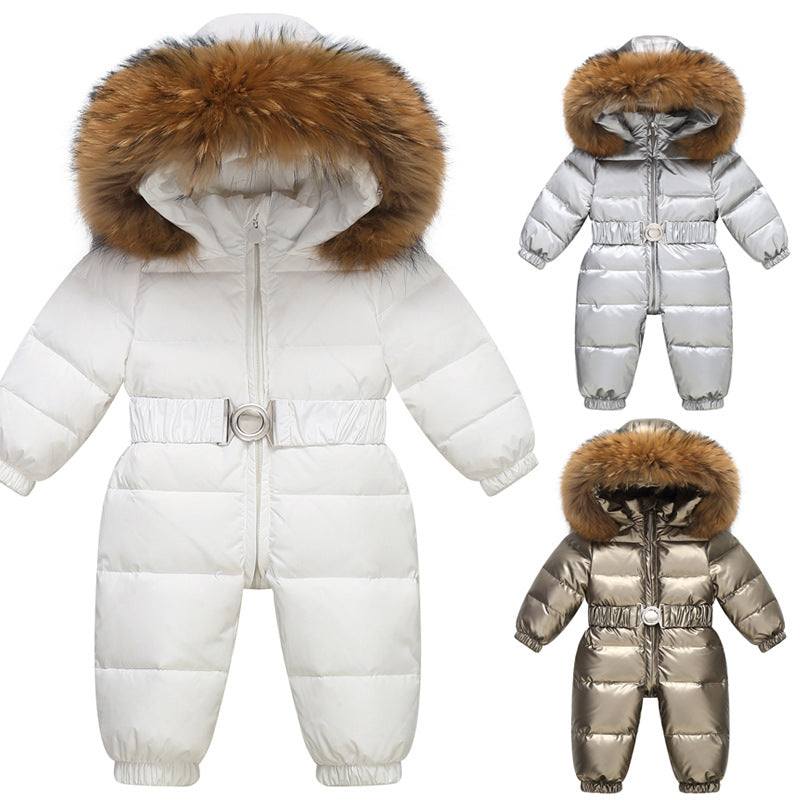 Winter baby snowsuit by Stevvex, fur hood, belted waist, puffer design in white, silver & bronze on Tampa Home & Garden Store