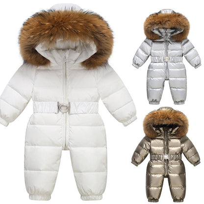 Winter baby snowsuit by Stevvex, fur hood, belted waist, puffer design in white, silver & bronze on Tampa Home & Garden Store