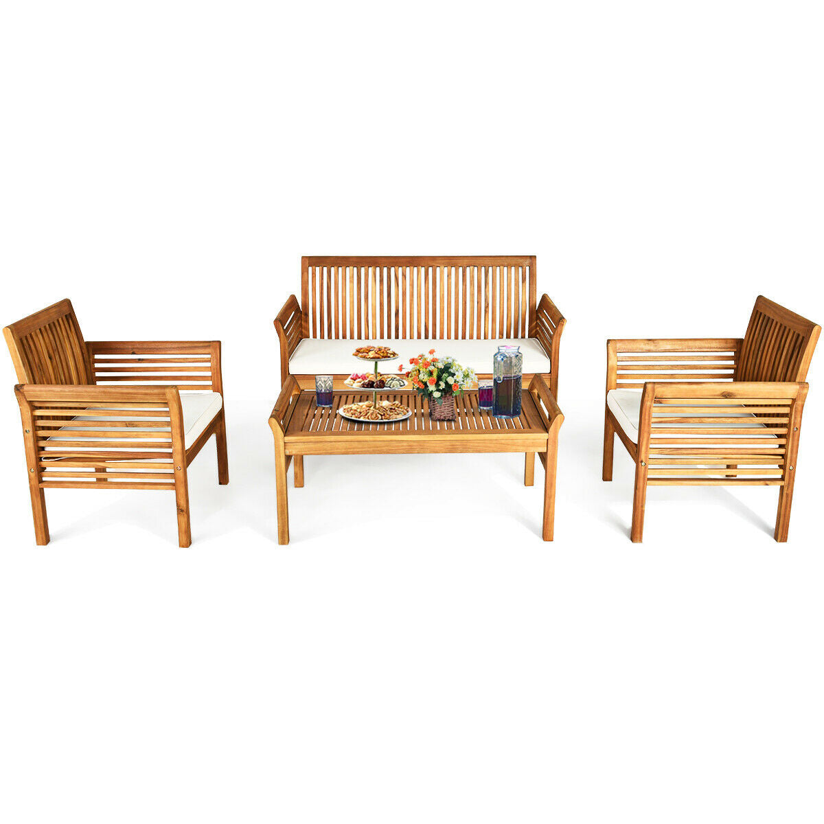 Juego de muebles de sofá de madera de acacia para exterior de 4 piezas