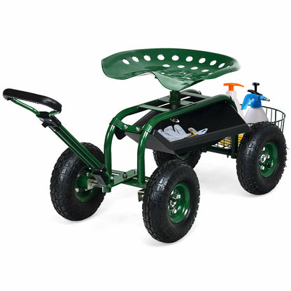 Carro de jardín de servicio pesado con bandeja de herramientas y asiento giratorio 360°-Verde