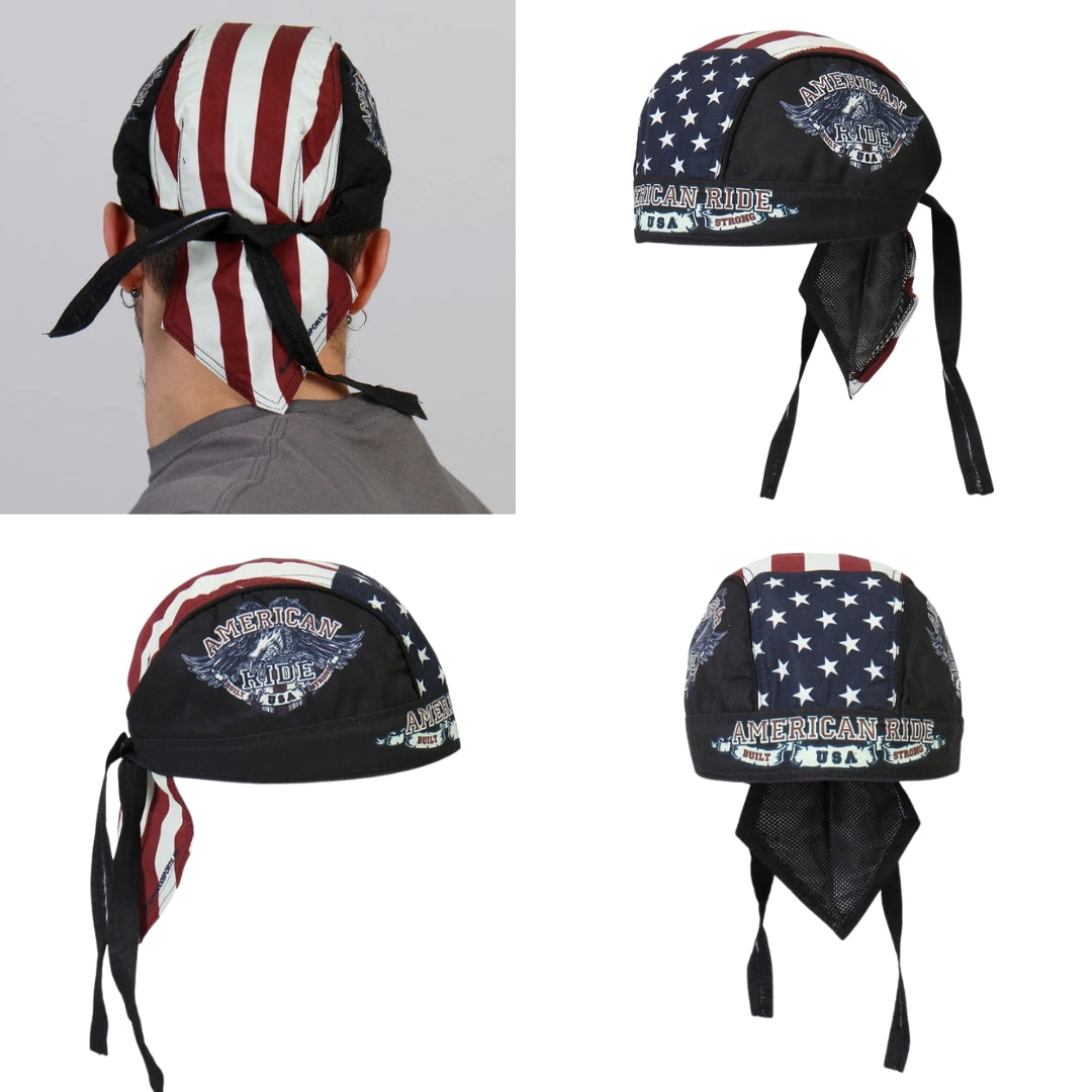 Motorcycle helmet balaclava in American flag print with star field and winged logo, neck ties on Tampa Home & Garden Store