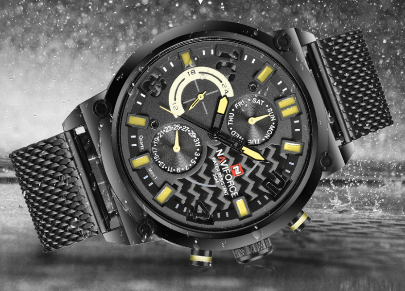 Stevvex men's analog quartz watch black stainless steel mesh band yellow markers dial on Tampa Home & Garden Store