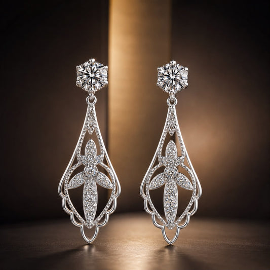 Drop earrings pair in 925 sterling silver with white gold plating moissanite stones and filigree on Tampa Home & Garden Store