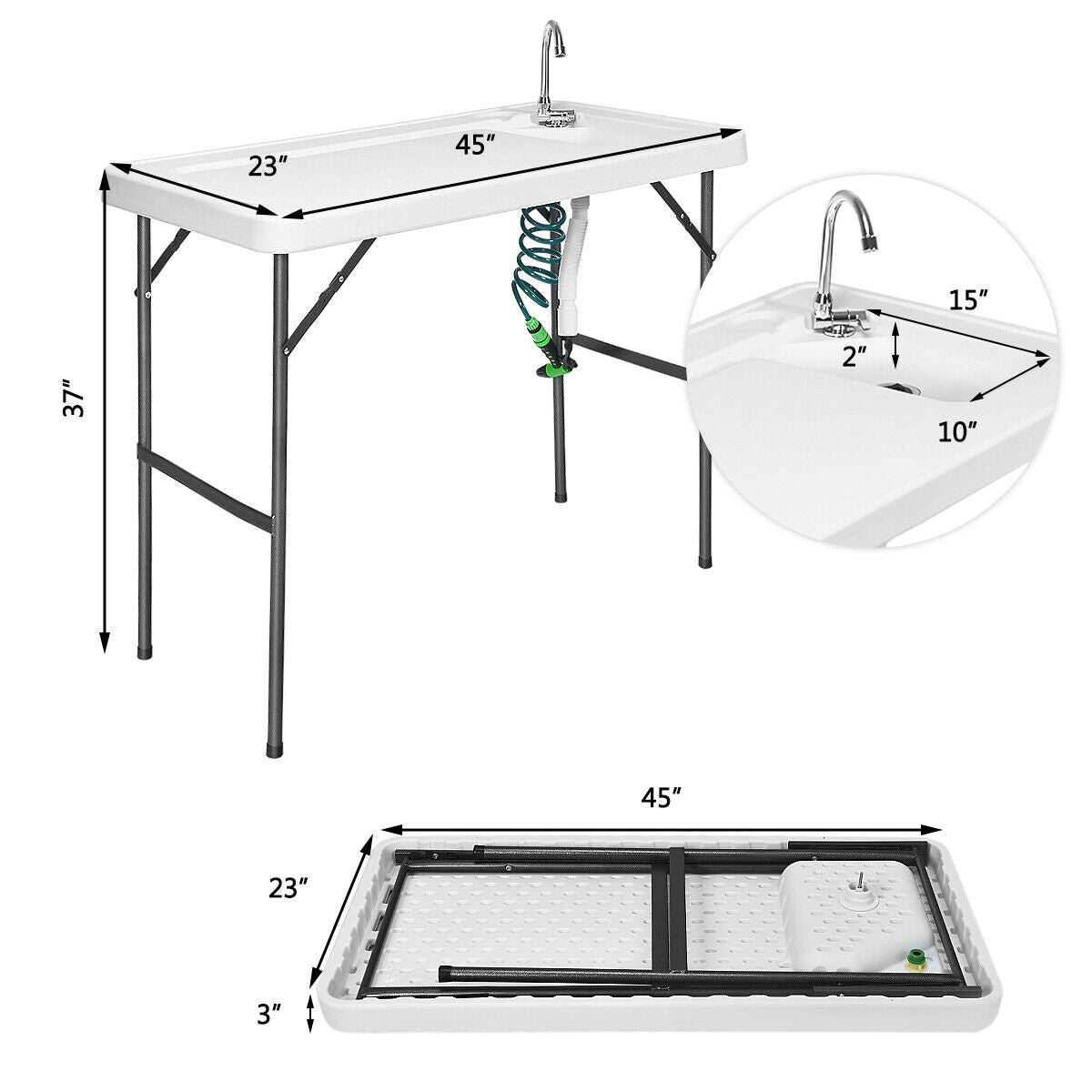 GemGear folding camping table with sink faucet and sprayer, white top, gray frame, 45x23 surface on Tampa Home & Garden Store