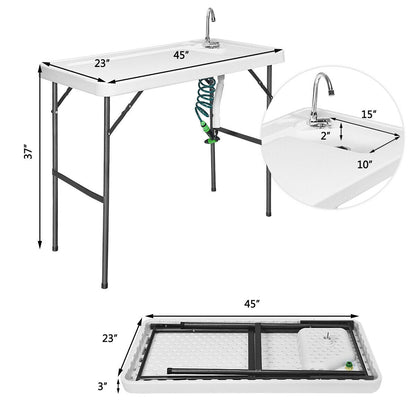 GemGear folding camping table with sink faucet and sprayer, white top, gray frame, 45x23 surface on Tampa Home & Garden Store