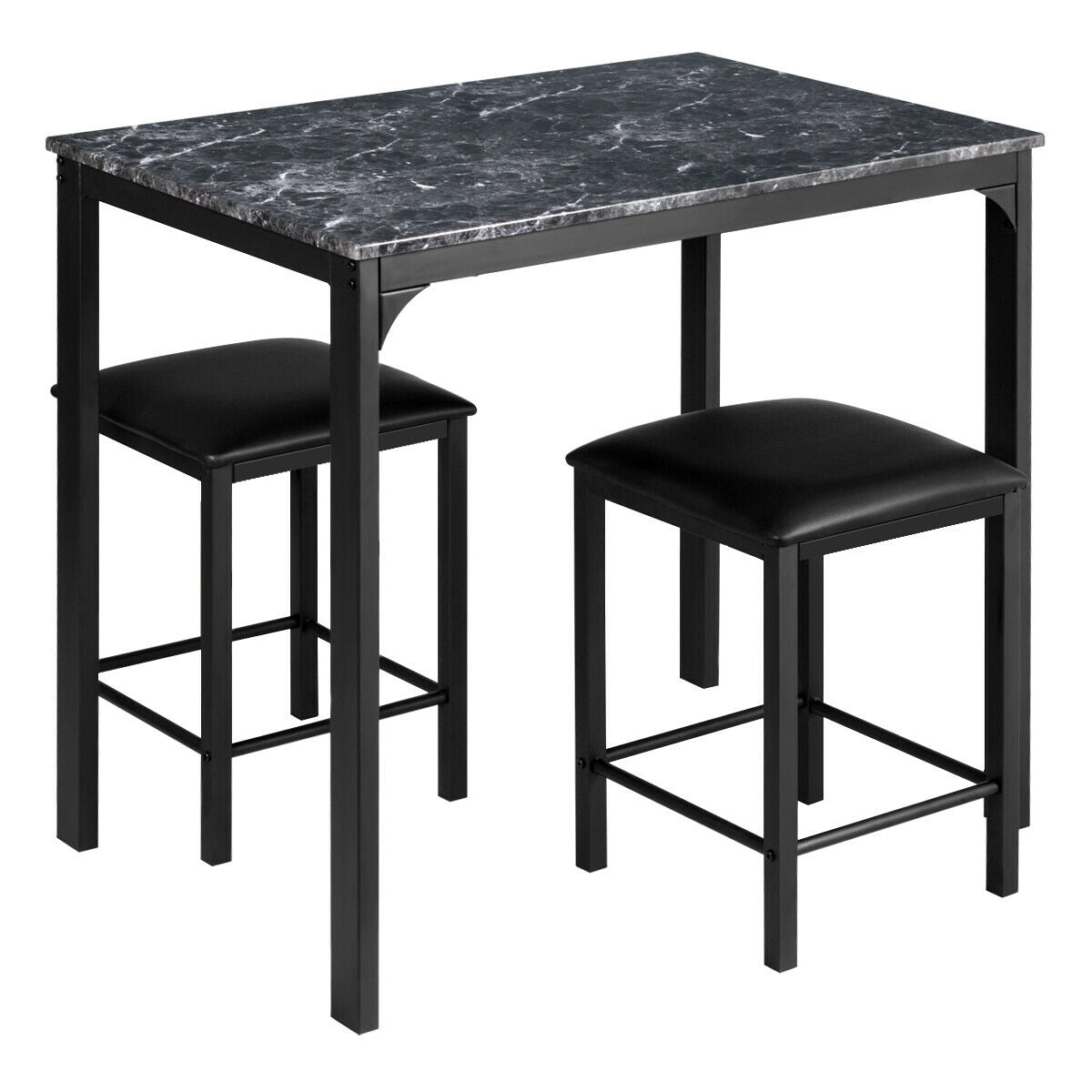 3 Piece Counter Height Dining Set Faux Marble Table-Brown
